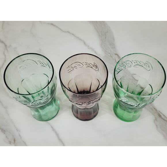 Coca Cola Libbey Drinking Glasses 16oz Embossed 6" Retro Glass Green Brown x3 - Picture 9 of 12